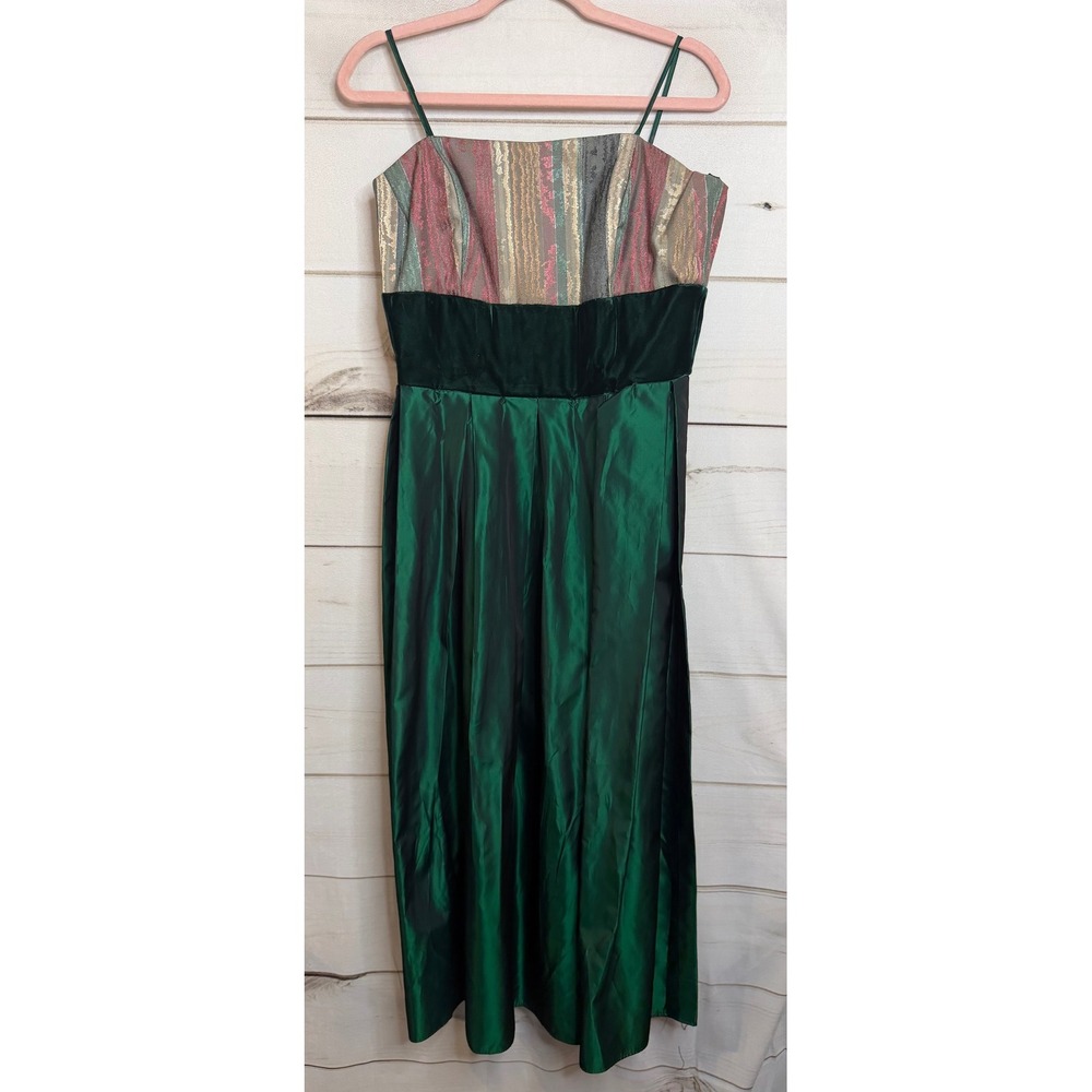 Vintage ILGWU Green Taffeta‎ Brocade Velvet Formal Evening Gown Dress Size 12